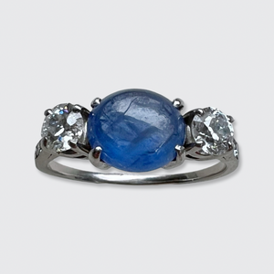 Art Deco Style Cabochon Sapphire & Diamond Ring