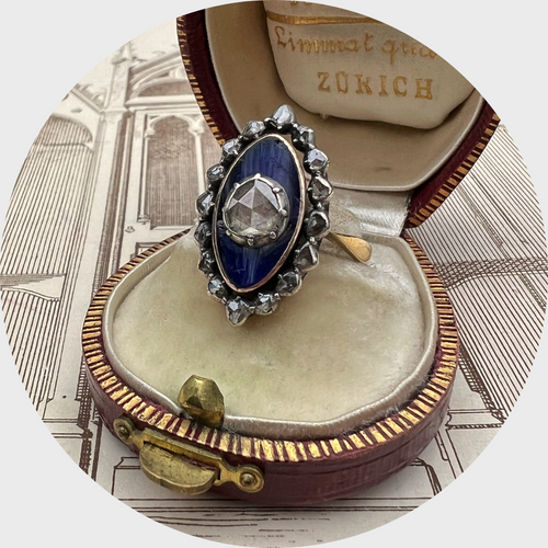 Victorian Blue Enamel & Diamond Marquise Ring