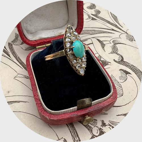 Turquoise & Rose-Cut Diamond Marquise Navette Ring