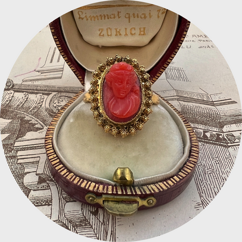 Cannetille Coral Cameo Ring