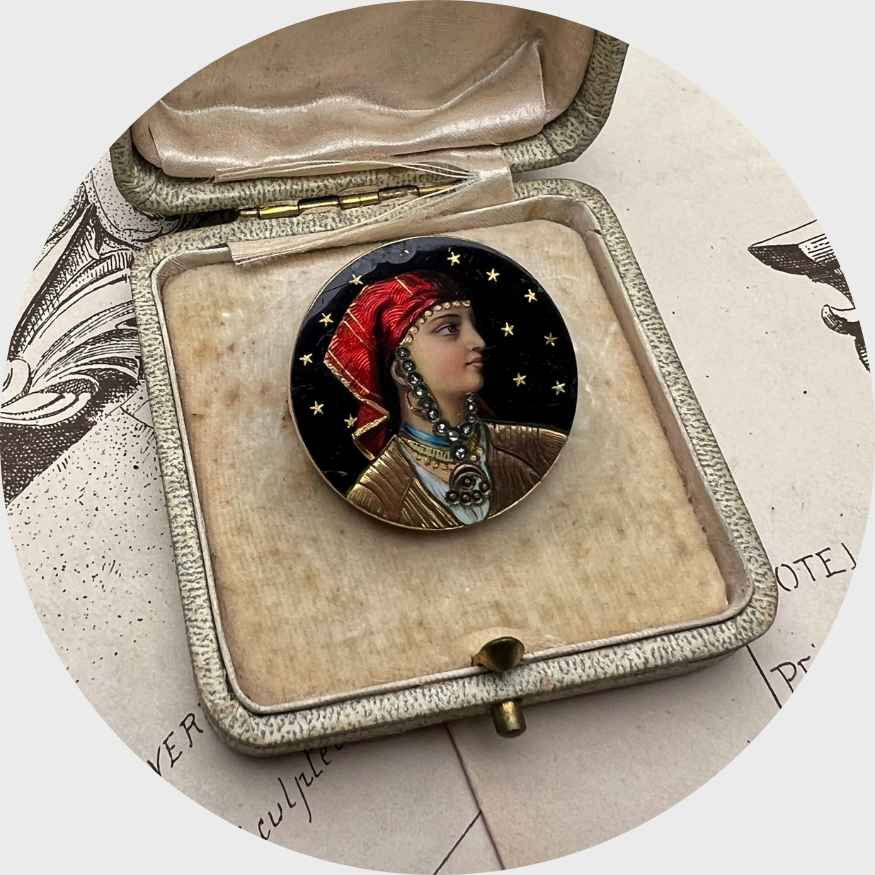 Enamel and Diamond Oriental Lady Circular Brooch