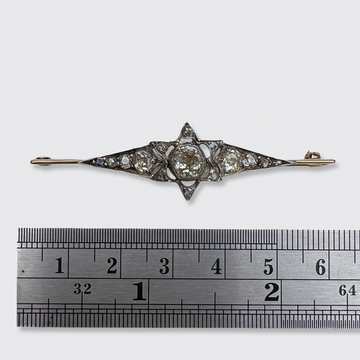 1stDibs Old Mine Cut Diamond Bar Brooch, 1.75 Carats in 14K Gold and Sterling Silver LV